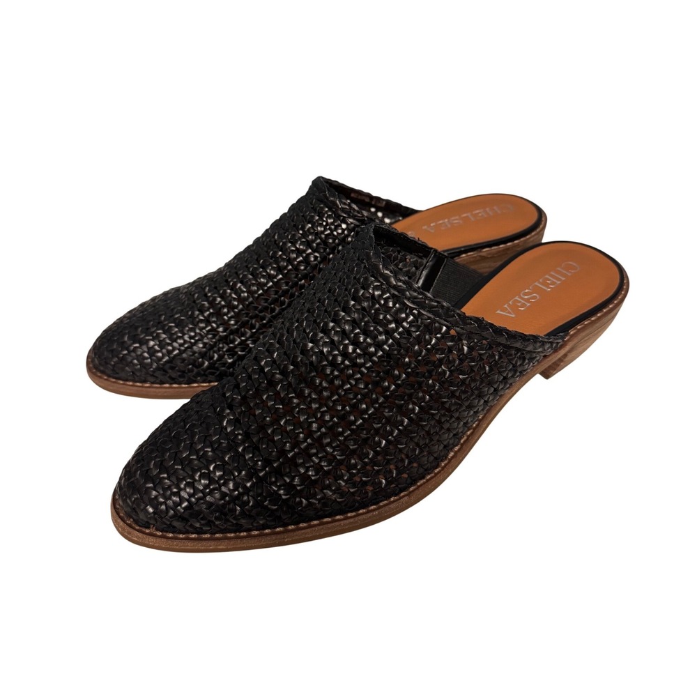 Chelsea‎ & Violet Auggie Black Woven Pointed Toe Mules Low Block Heel Size 8.5 M
